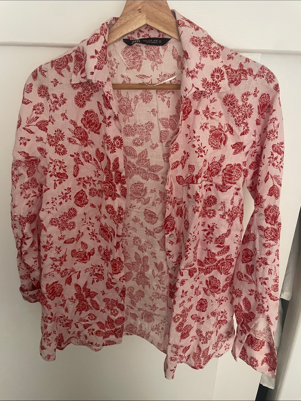 Zara Pink Button-Down Shirt with Red Floral Print